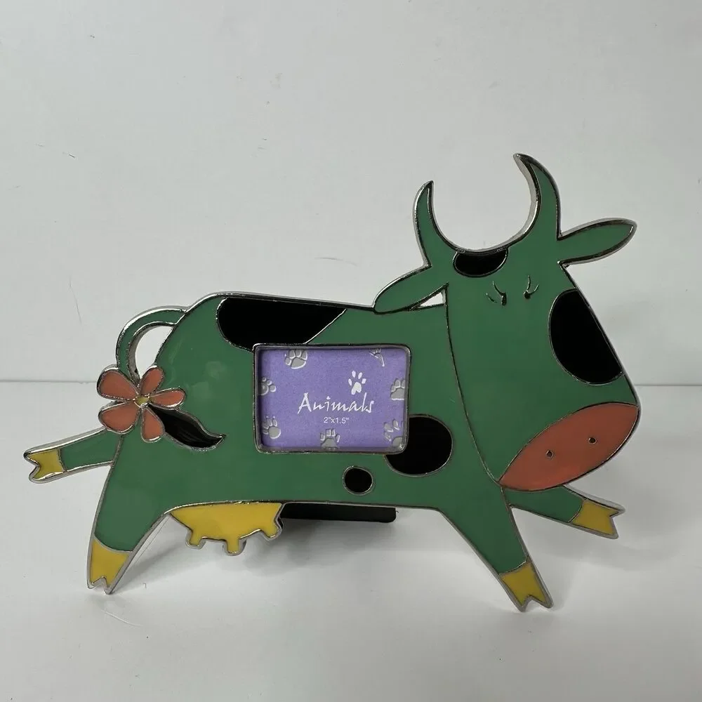 Green Cow Metal Enamel Picture Frame Standing‎ 2 x 1.5” Whimsical Nursery Farm